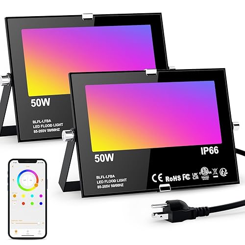 LED Flood Lights RGB Color Changing 500W Equivalent, Outdoor RGBW Bluetooth Smart Floodlights APP Control, IP66 Waterproof, Timing, 2700K&16 Million Colors 23 Modes for Stage Landscape Lighting 2 Pack - 50W-2Pack