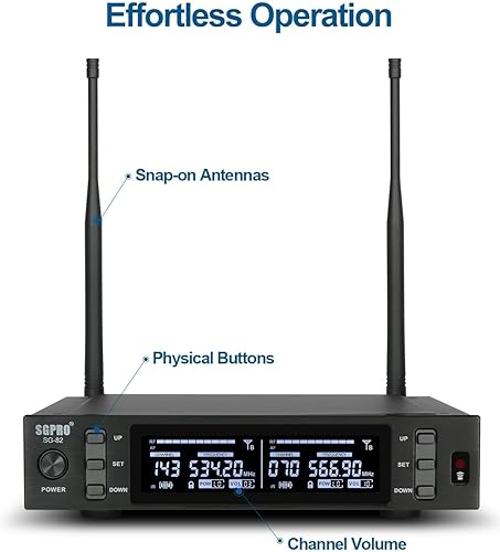 Miniatura 6 de Sistema de micrófono inalámbrico dual micrófonos y receptor de mano de metal, canales UHF ajustables de 520 a 590 MHz, diversidad de antena, ideal