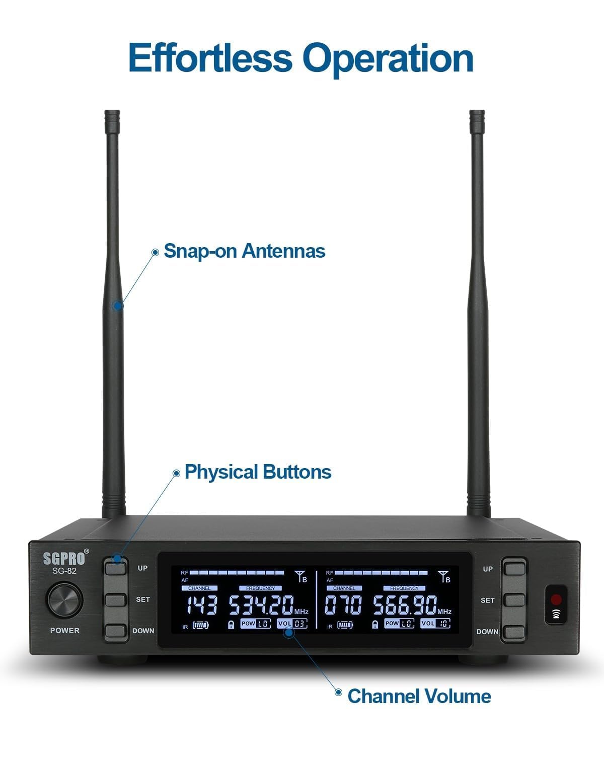 Dual Wireless Microphone System - Metal Handheld Mics & Receiver, Adjustable UHF Channels 520-590 MHz Range, Antenna Diversity, Ideal for Professional Audio and Events