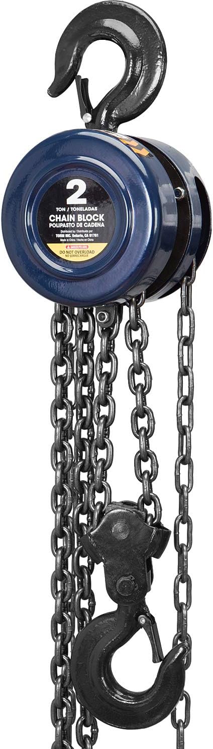 TCE ATR9010U Torin Manual Hand Lift Steel Chain Block Hoist with 2 Heavy Duty Hooks, 1 Ton (2,000 lb) Capacity,8ft/2.5m Blue