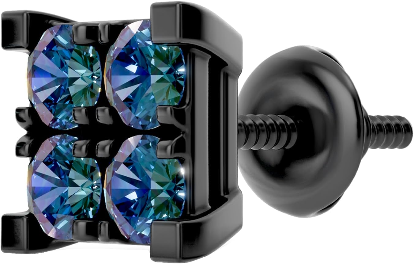 Dazzlingrock Collection 0.28 Ctw Round Blue Natural Diamond 6mm Square Hip Hop Iced Out Stud (1Pc Only) in Black Plated Sterling Silver, Unisex Design Ladies,Mens Real Natural Diamond Earrings