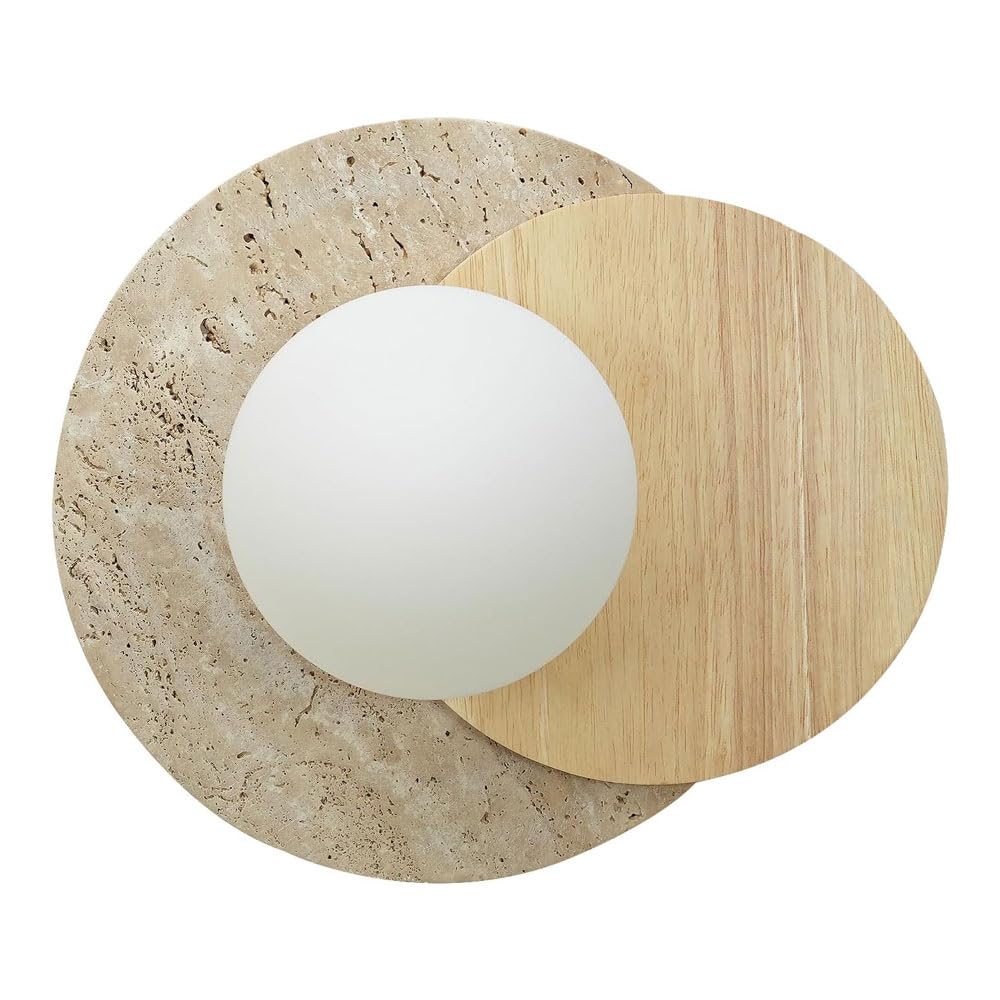 JISHUBO Wabi Sabi Style Wood Wall Light, Natural Yellow Travertine Wall Sconce, Spherical Glass Lampshade Wall Lamp, Living Room Balcony Bedroom Wall Mounted Lighting Fixtures
