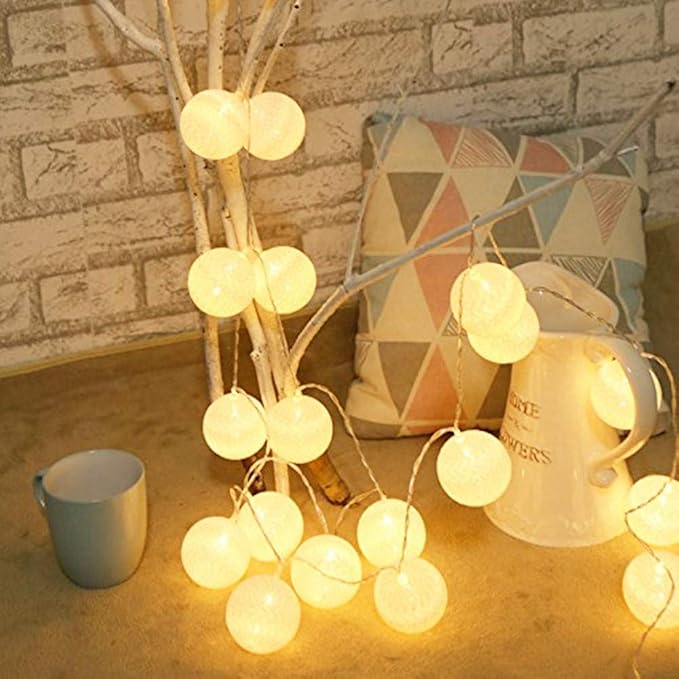 Cotton Balls LED Fairy Light, 20 Balls White Cotton, Warm White Lighting, 3.3 Meters 20LED