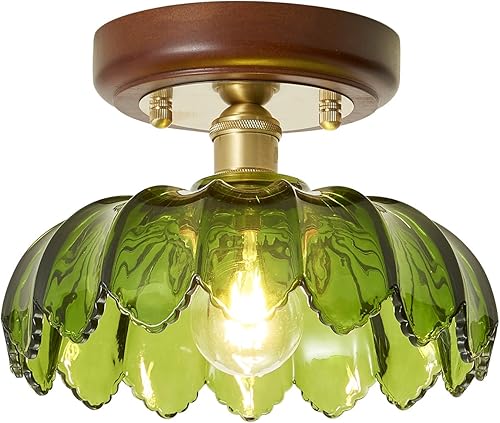 Lámpara de techo semiempotrada de 10 pulgadas con base de cobre de vidrio verde, lámpara de techo vintage para pasillo, moderna lámpara de montaje