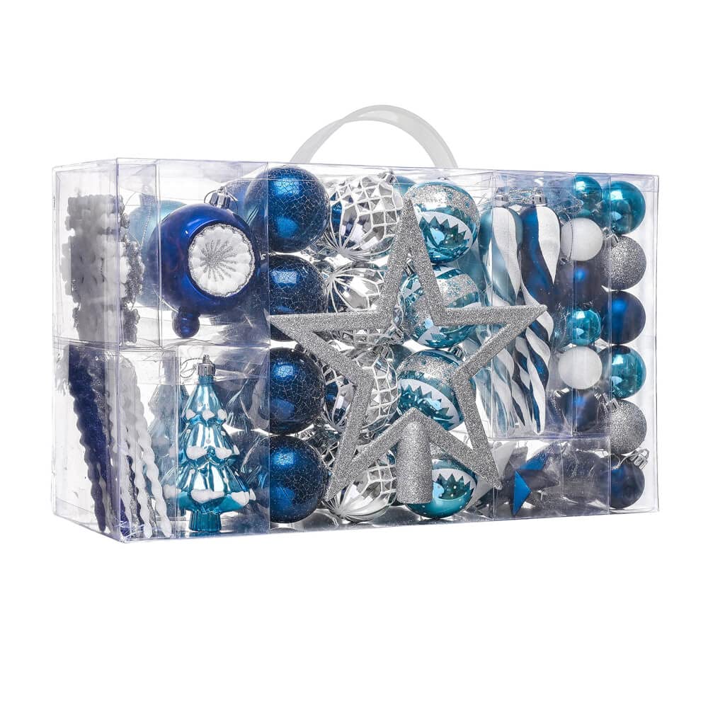 Little Surprise Box Christmas Ball Ornaments Xmas Tree Hanging Decorations Silver & Blue Theme Christmas Balls, 100 pcs Box Set