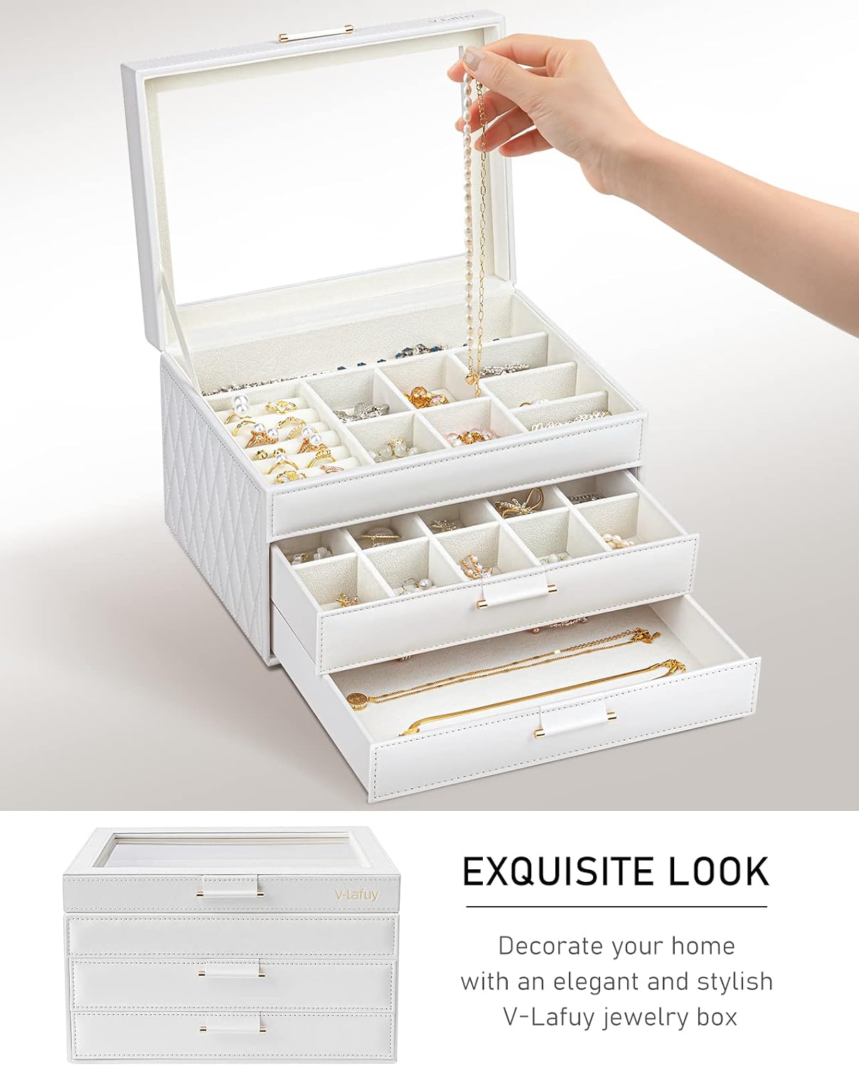 Jewelry Box, Jewelry Organizer Box 3-Layer with 2 Drawers, Jewelry Boxes for Women, Ring Earring Watch Bracelet and Necklace Organizer, Best Gift for Valentine's Day, White