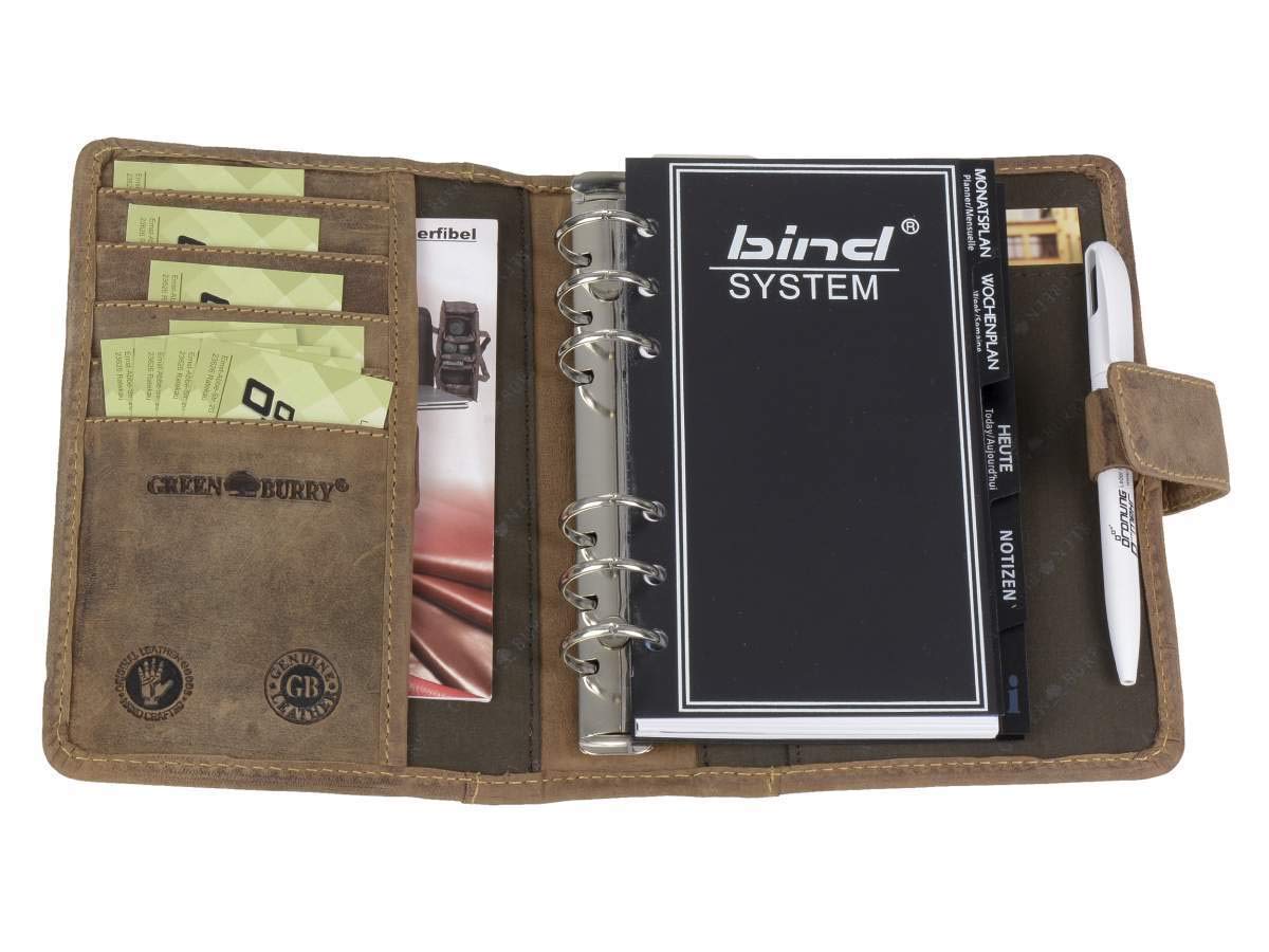 Greenburry Terminplaner Leder A6 (14x19,5cm) Terminkalender braun Vintage Look inkl Systemeinlage plus Kalender 2024