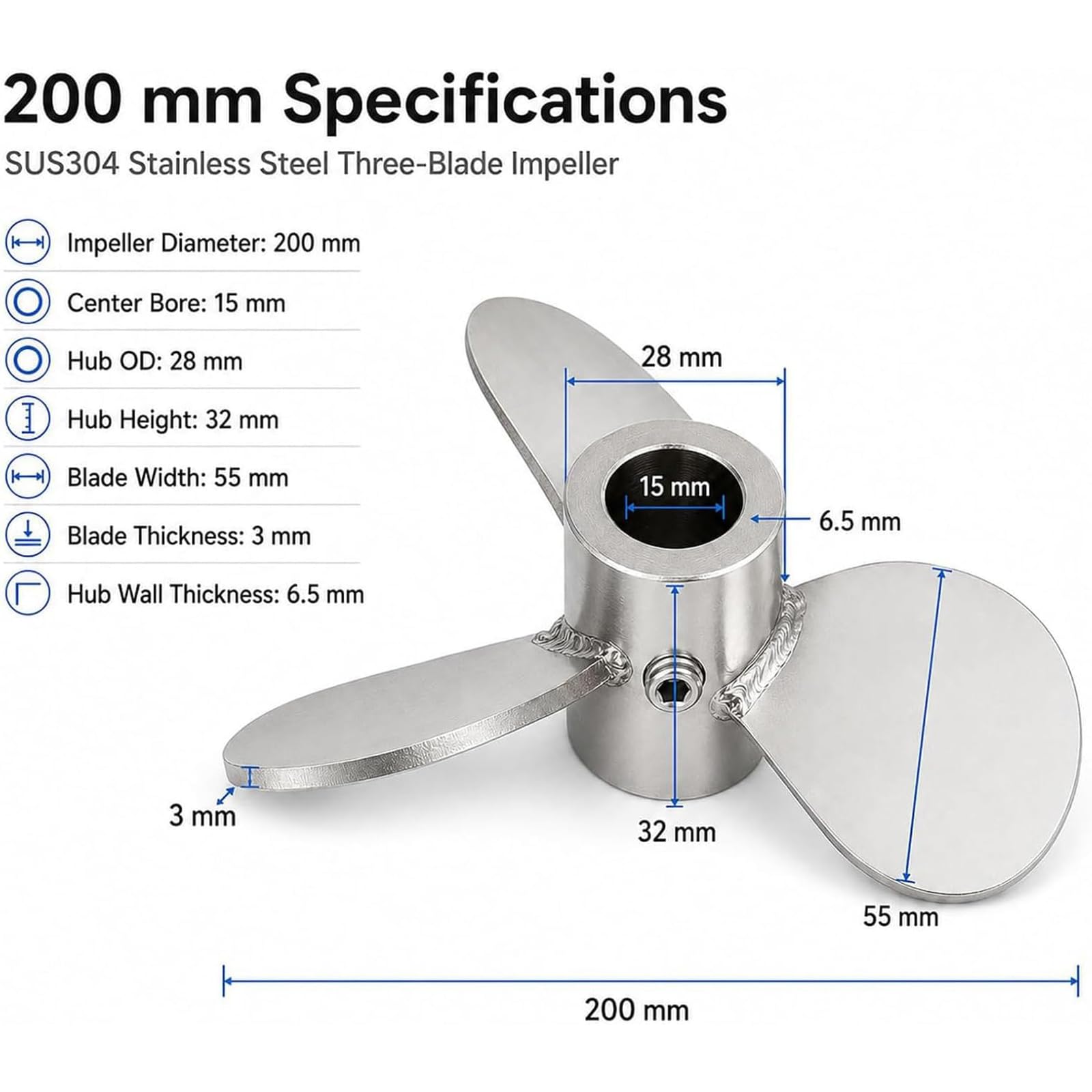 Aspa de Hélice para Mezclador, Hélice de Mezcla de Tres Palas de Acero Inoxidable 304 con Eje de 15 Mm, Paleta de Agitación de Repuesto para Mezcladores IBC, Neumáticos y de Tanque (160 Mm)
