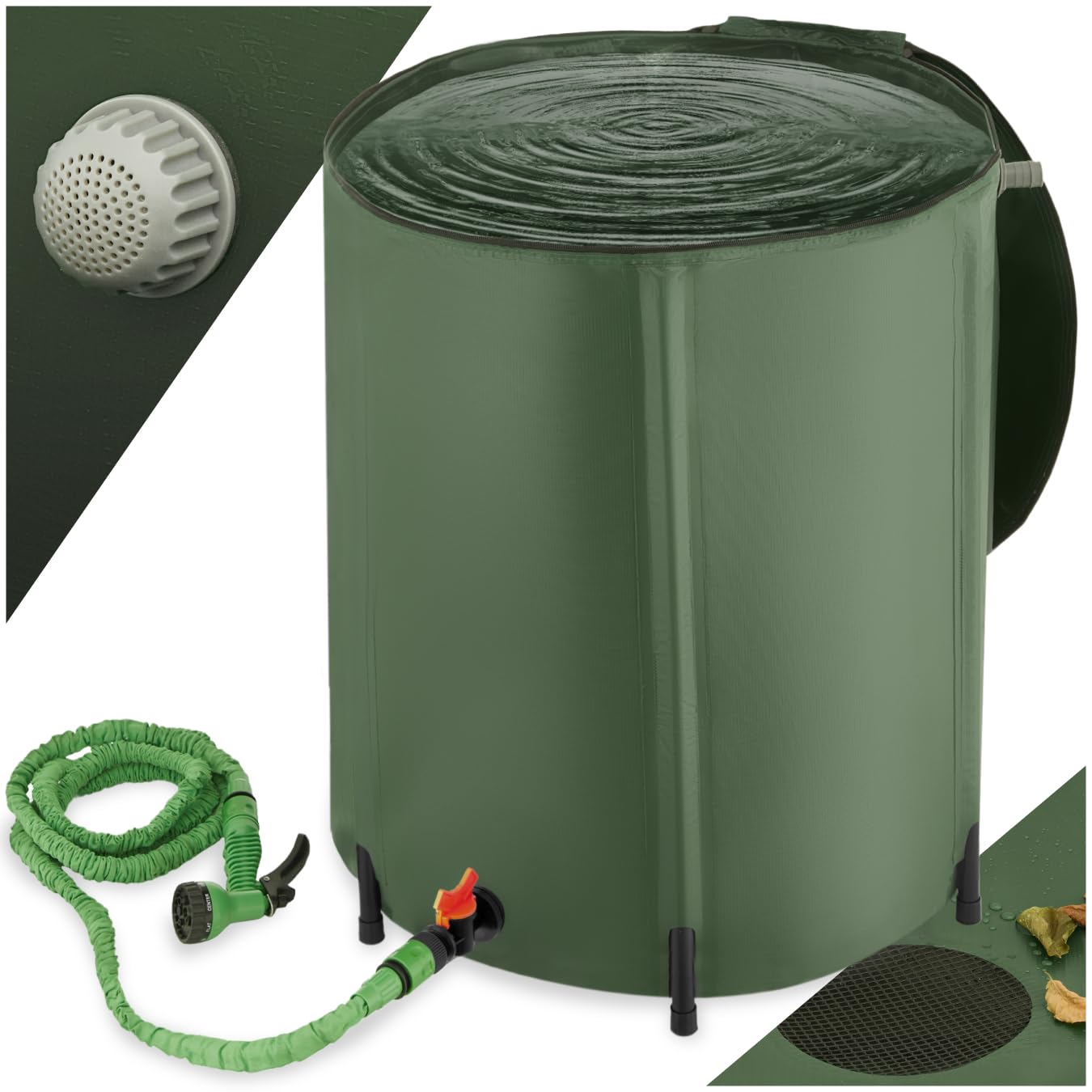 Tectake Green Tectake® Collapsible Water Container With Overflow Protection - Weather-Resistant & Rust-Free Water Butt With Protective Grate, Tap & Floor-Safe Plastic Feet, Stable Structure & Quick Setup - 200L