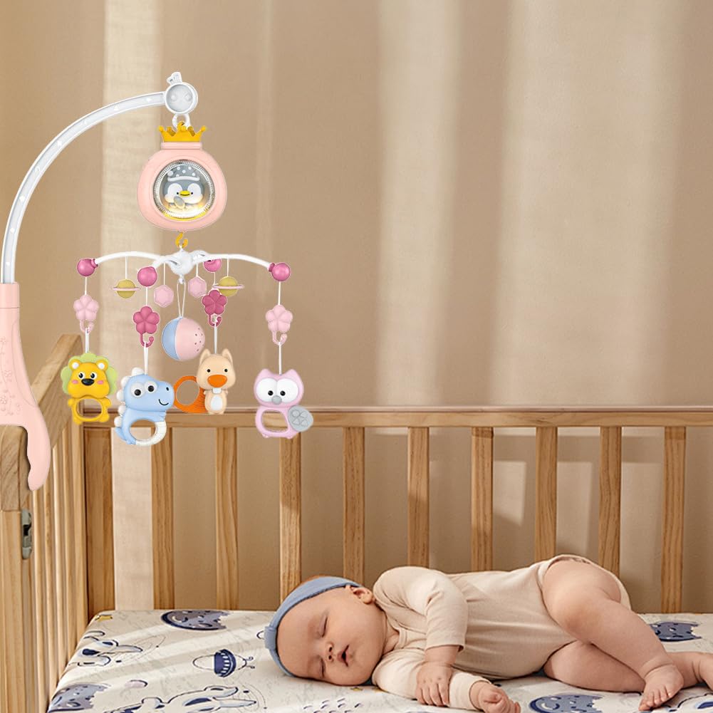 Bébé Mobile de Berceau Musical avec Projection et Lumineux, Mobile Lit Bébé Rotatif à 360°, Mobile Animaux Bébé, Jouet Hochets Rotatifs Suspendus, Boîte à Musique Télécommandée, Cadeau Nouveau-né
