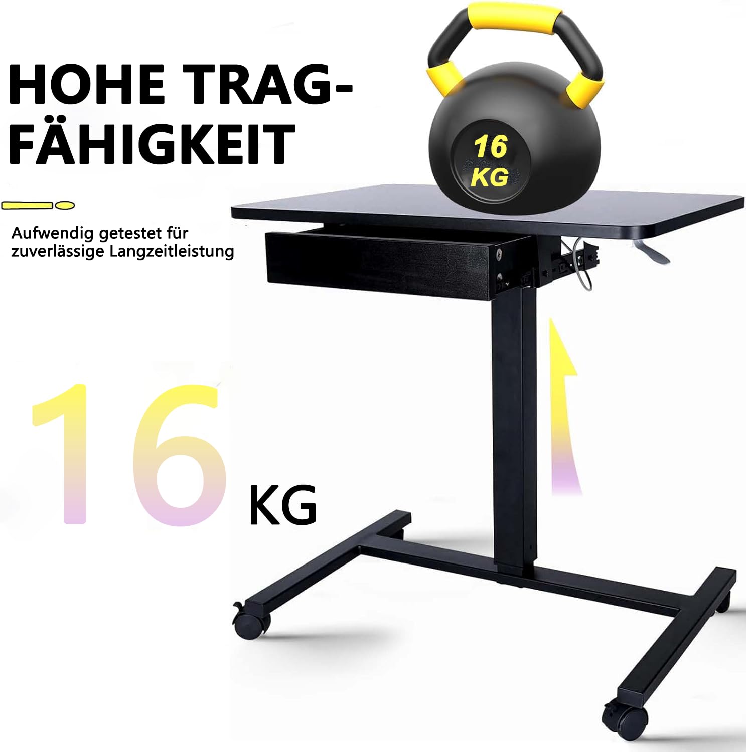 CLATINA Höhenverstellbarer Laptop Tisch mit Feststellrollen Schublade Mobiles Stehpult Überbettisch als Computertisch Arbeitswagen mit Höhenverstellung für Home-Office Seminarraum Schwarz