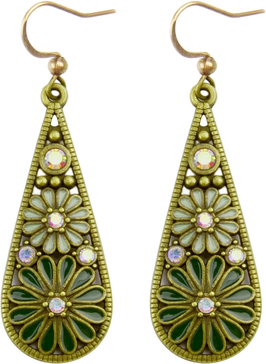 Bohemian Crystal Teardrop Pendant Earring,Vintage Olive Green Hollow Out Flower Floral Dangle Earrings,National Style Geometry Enamel Flower Hook Earrings,Handmade Ethnic Statement Jewelry for Women