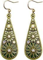 Handmade Bohemian Olive Green Teardrop Dangle Earrings - Vintage Floral Enamel Crystal Statement Jewelry for Women