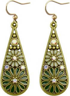 Handmade Bohemian Olive Green Teardrop Dangle Earrings - Vintage Floral Enamel Crystal Statement Jewelry for Women