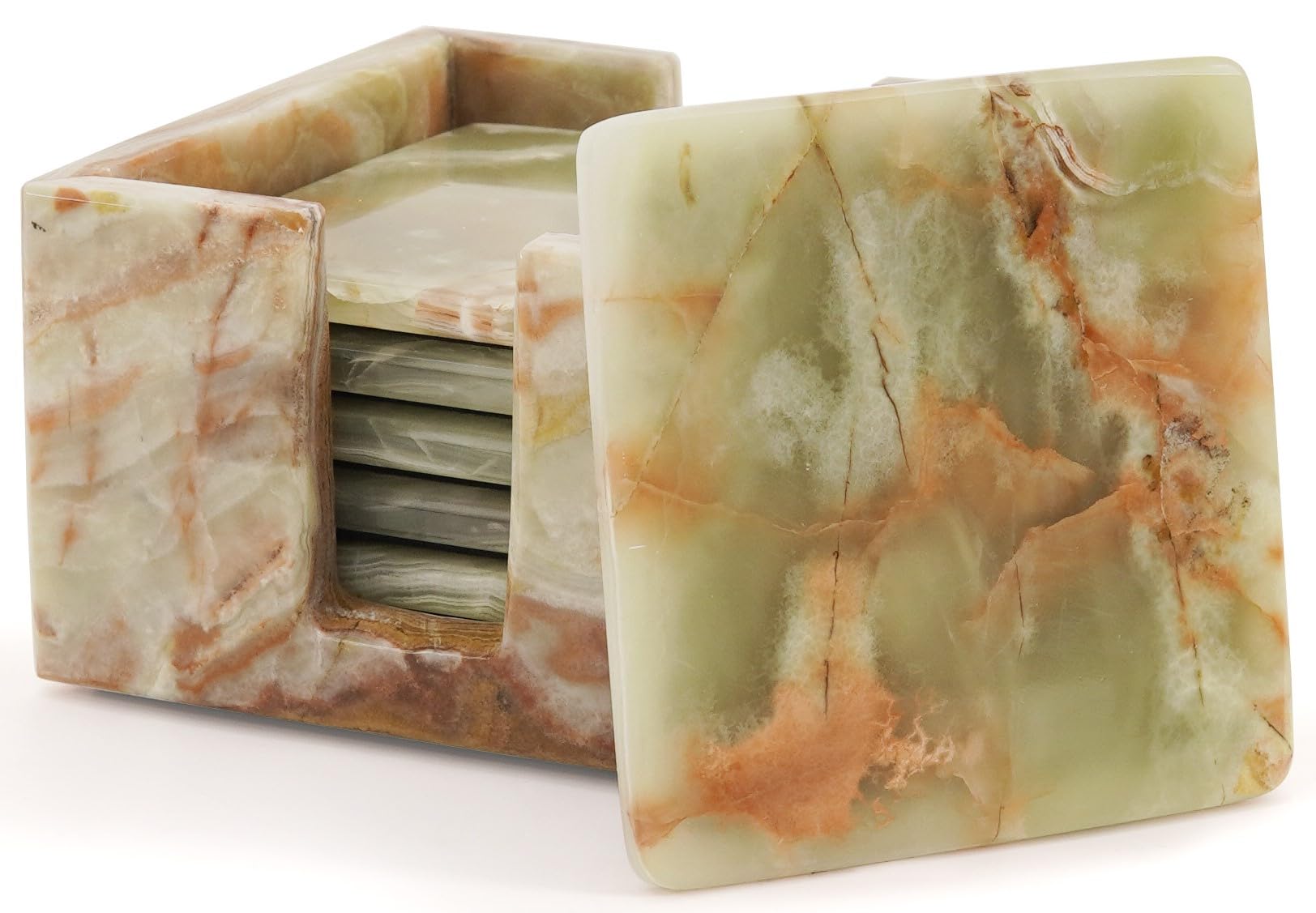 Marble Coasters Set of 6 Green Onyx 3.5 Inch Square Coaster for Drinks with Holder, Drink Coaster for Tabletop & Coffee Table Decor, Ideal Home Decor