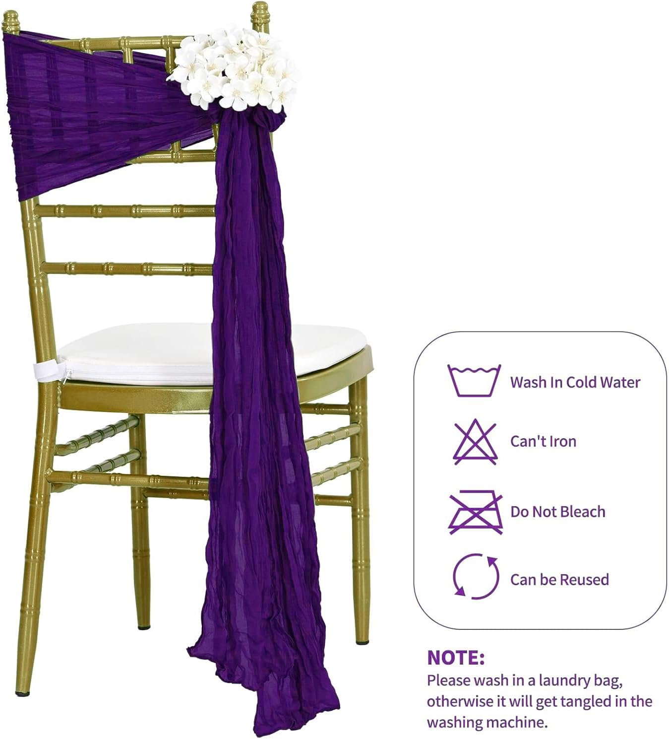 MDS Pack of 25 PCS Cheesecloth Chair Sashes 17”x70” Gauze Rustic Aisle Decorations Designed Chair Bows for Wedding Birthday Baby Shower Reception Party Banquet Hotel Event Decoration - Purple