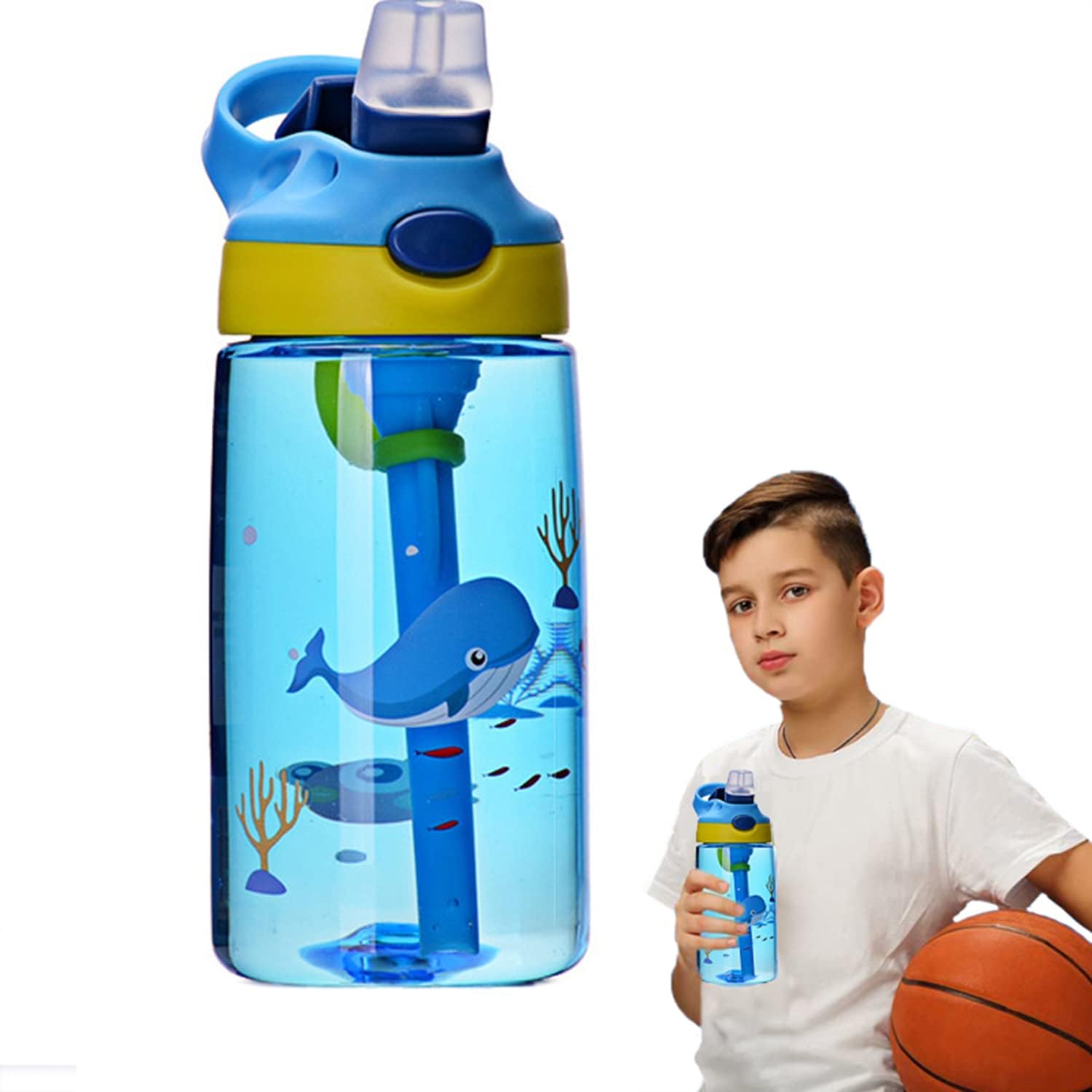 KhaznaKids Water Bottle Cute, Toddler Cup with Straw Spill Leakproof Durable Plastic Drinking Bottle for Boys and Girls Child, Reusable Water Bottle, Indoor-Outdoor, Whale