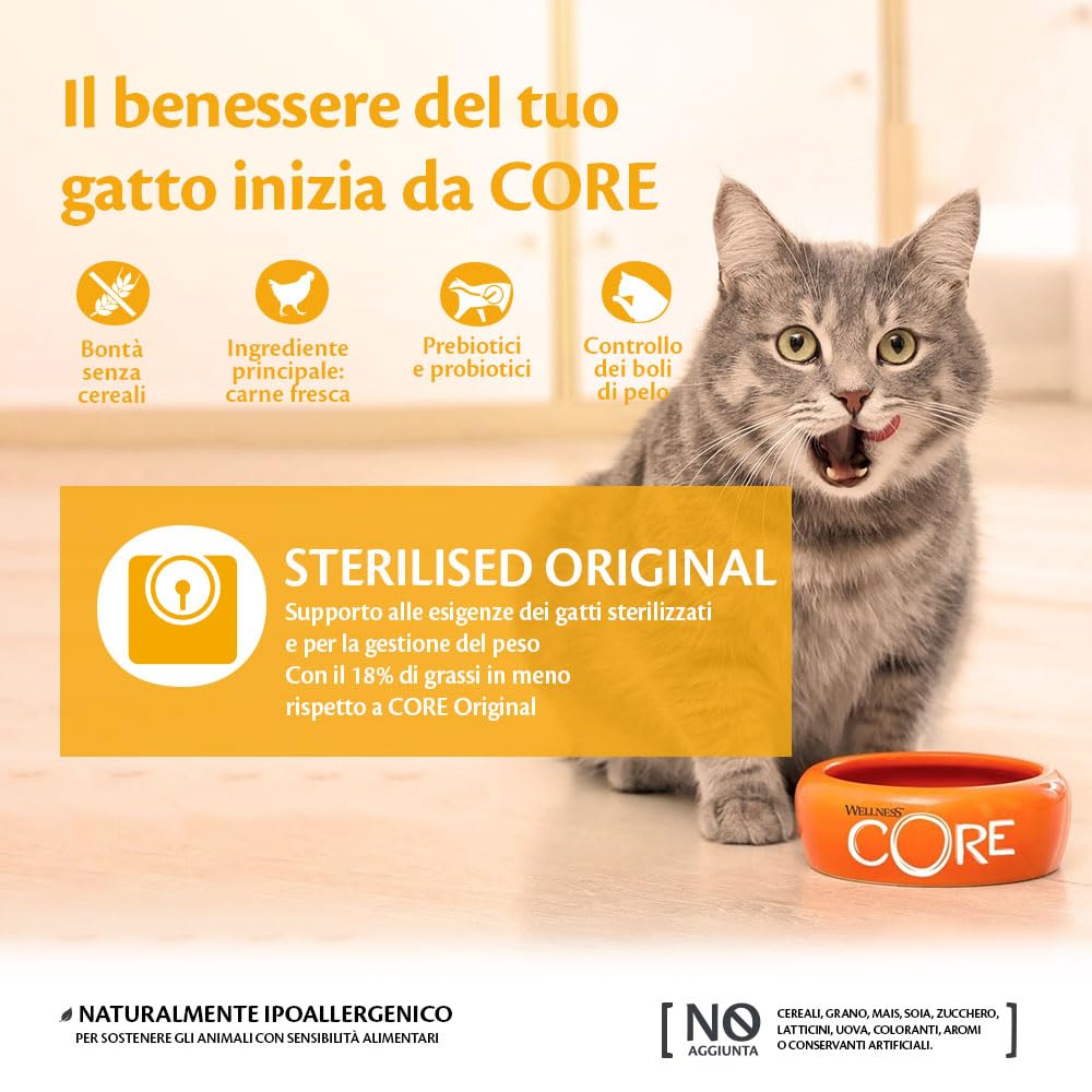 Wellness CORE Original Sterilizzato 4kg, Pollo & Tacchino –Crocchette Gatti | Cibo Secco Per Gatti Sterilizzati, Senza cereali, Naturale, Ipoallergenico, Ricco di Proteine e Carne, Per un Peso Ideale