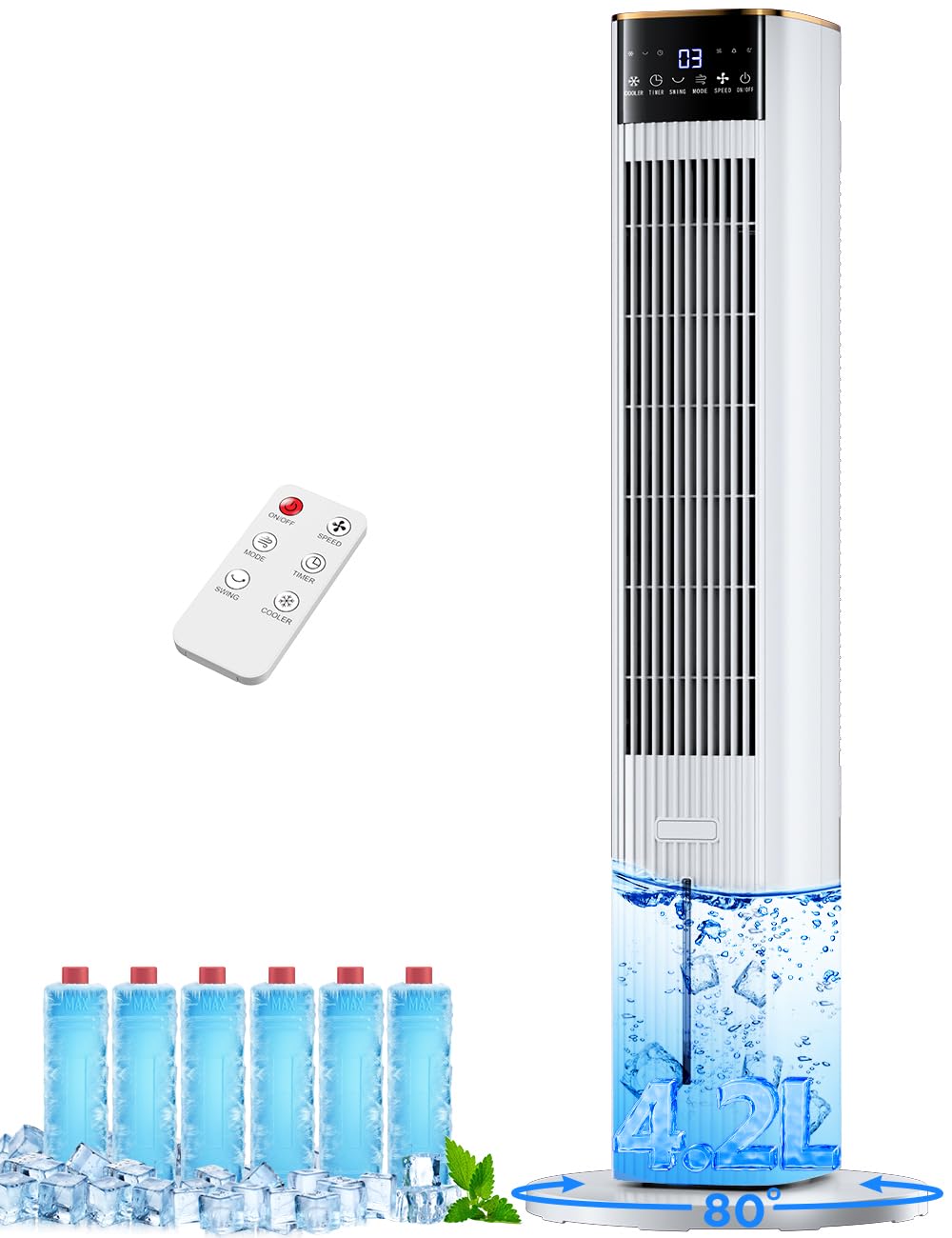 HIFRESH Air Cooler for Home w/Memory & Aroma Function, 107CM Tower Fan, Remote & Touch Screen, 4 Modes & 3 Speeds, 15H Timer, 4.2L Dual Tanks, 6 Ice Packs, Low Power Consumption Tower Cooler for Home