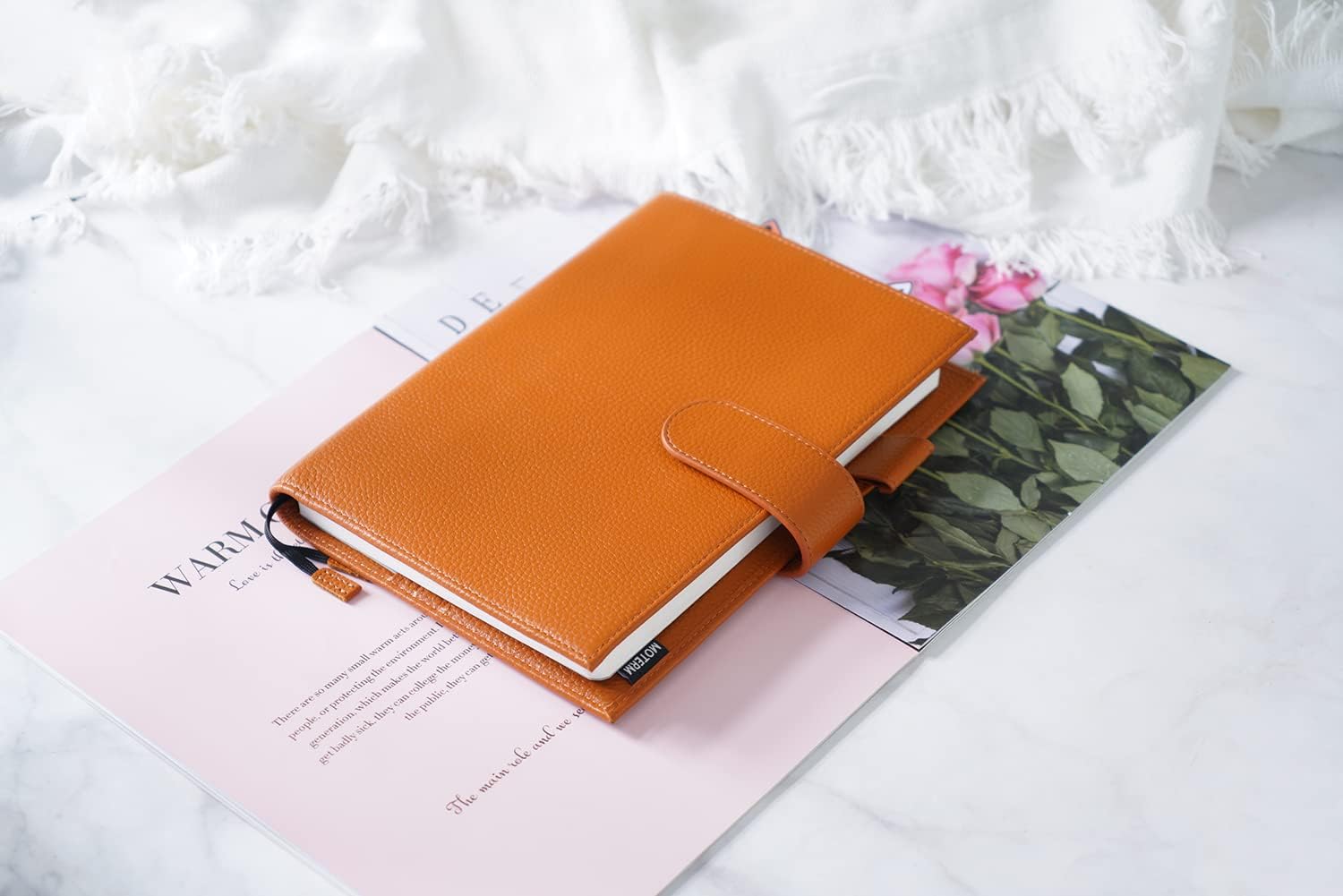 Moterm Leather Cover for A5 Notebooks - Fits Hobonichi Cousin, Stalogy and Midori MD Planners, with Pen Loop, Card Slots and Back Pocket (Pebbled-Burnt Orange)