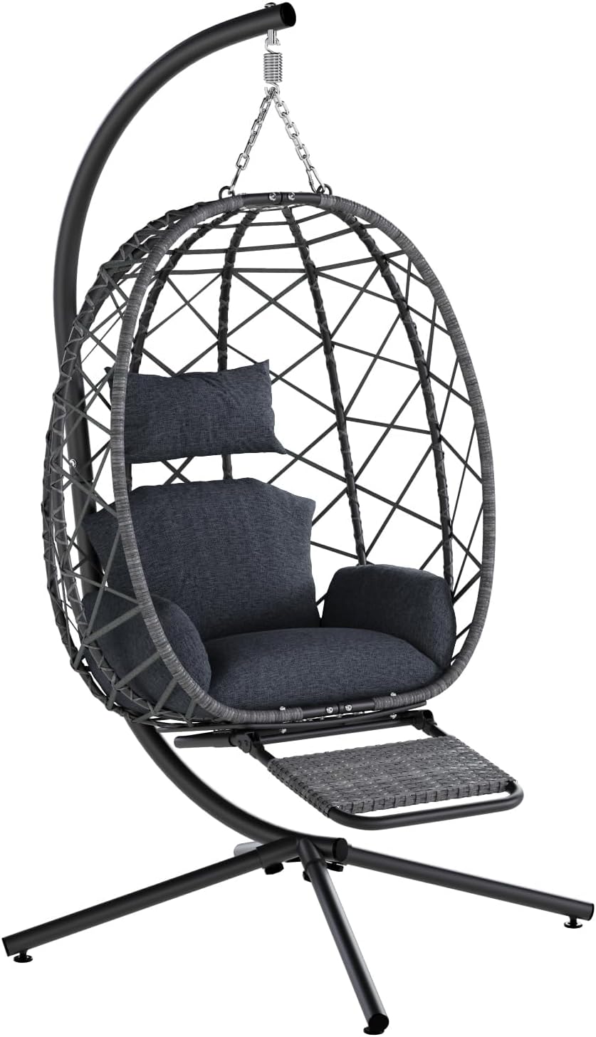 SWITTE Hanging Egg Chair with Stand & Footrest, Outdoor Indoor Rattan Wicker Swing Chair, Comfy Patio Egg Hammock Chairs with Cushion for Garden Backyard Balcony Bedroom, Heather Gray