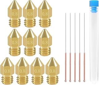 Aokin 10 Pcs 0.8mm 3D Printer Nozzles MK8 Extruder Nozzles and 5 Pcs 0.6mm Stainless Steel Nozzle Cleaning Needles for Creality Ender 3/3 Pro/3 V2, Ender 5/5 Pro, CR-10/10S, Makerbot, Anet A8