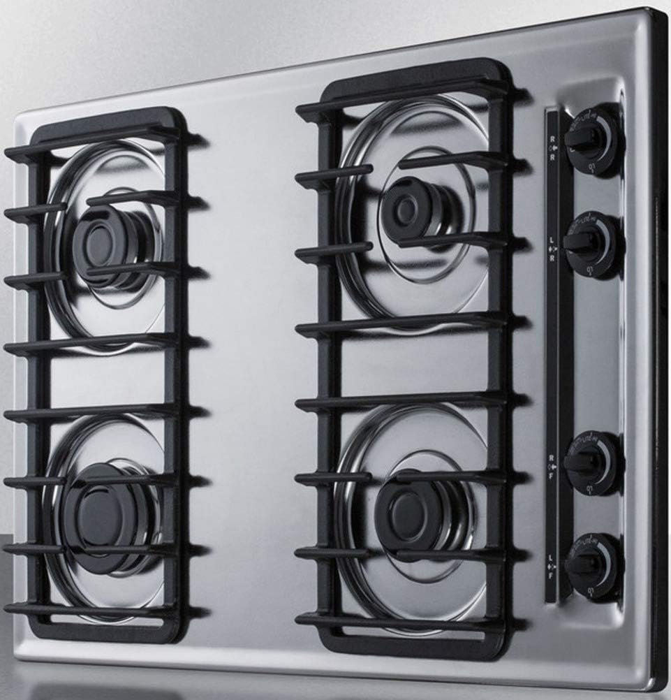 Summit Appliance ZTL053S 30" Wide 4-Burner Gas Cooktop in Brushed Chrome with Cast Iron Grates, Push-to-turn Knobs, Removable Burner Caps, Recessed Top and Electronic/Gas Spark Ignition