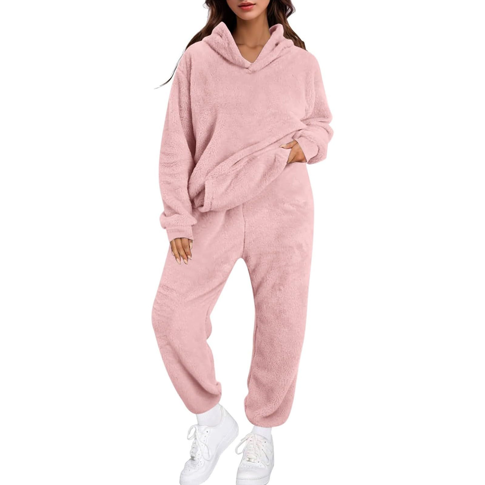 Completo da Donna in Due Pezzi per La Casa, con Cappuccio, Maniche Lunghe, E Pantaloni Casual, Tinta Unita, Autunno Inverno Maglietta Natale Bambina Pigiama Lunghe Lungo Estivo Curvy