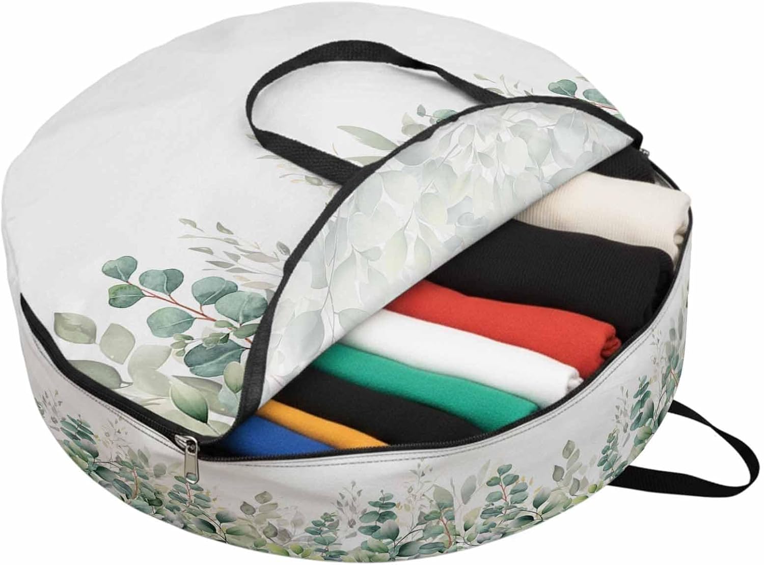 Green Leaf Spring Round Storage Bag 36 Inch, Eucalyptus Leaves Watercolor Clothes Storage Container with Handles Heavy Duty Organizer for Comforter, Bedding & Holiday Wreaths