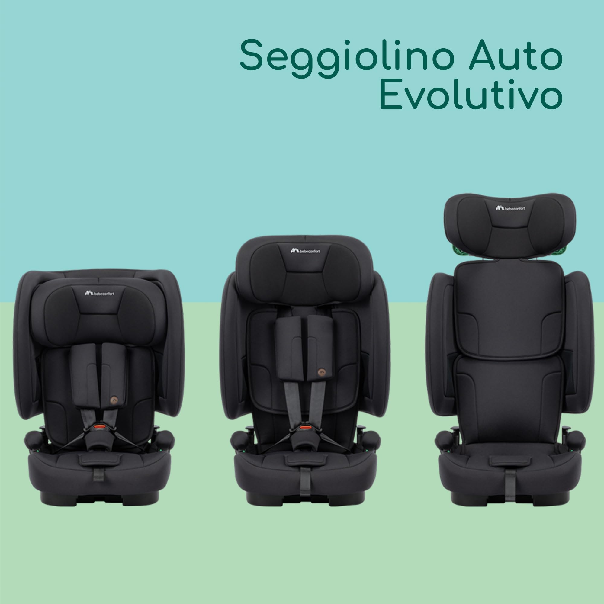 Bebeconfort Ever & Go i-Safe, Seggiolino Auto 9-36 kg Evolutivo, 15 Mesi - 12 Anni, 76-150 cm, Seggiolino Auto Pieghevole ISOFIX, Leggero e Compatto (4.9kg), 15 Posizioni Poggiatesta, Full Black