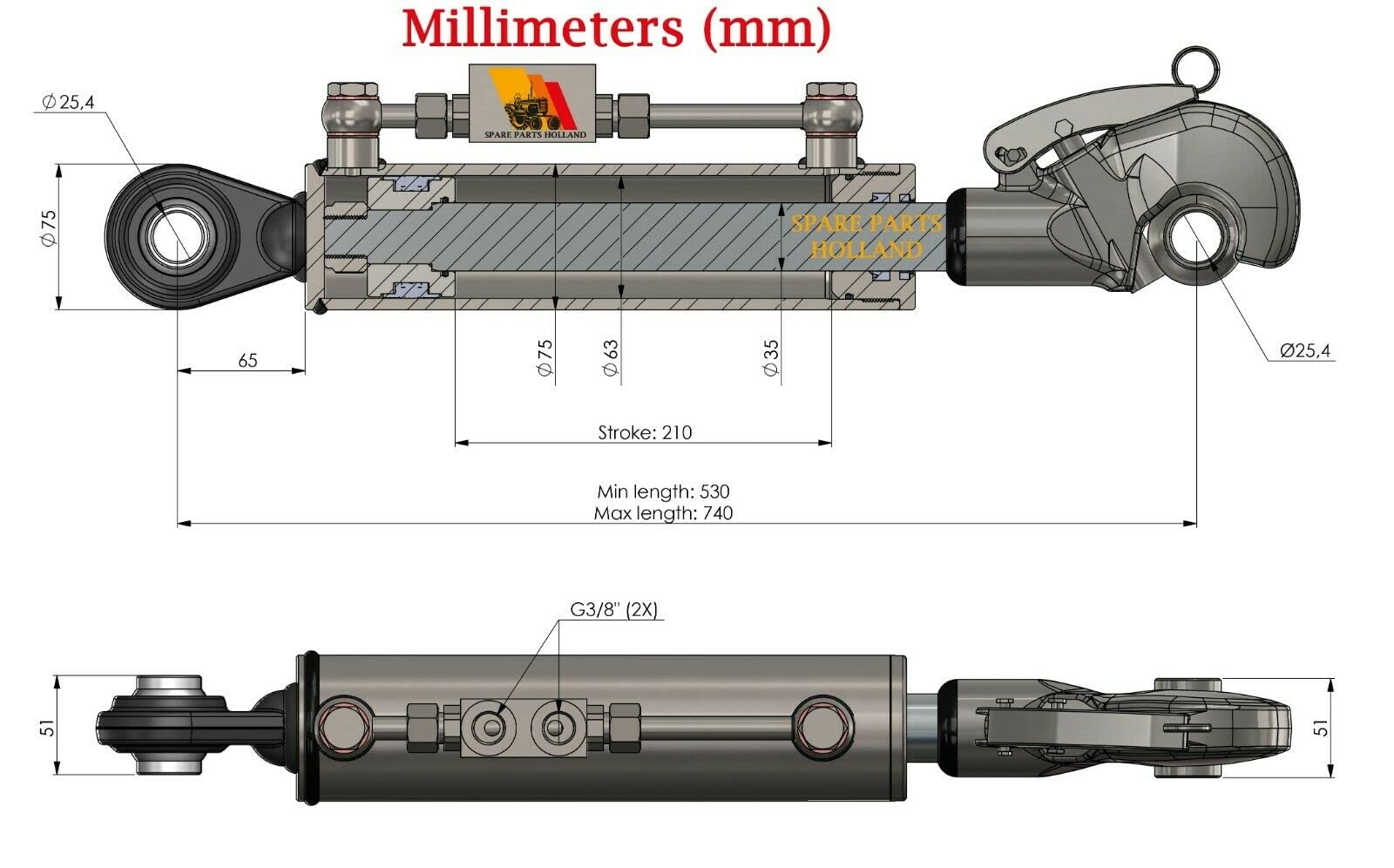 Terzo punto idraulico per trattore CAT 2 +2 Ganci 20 7/8" - 29 1/8" Corsa Bloccaggio Bloccaggio Tubi Stroke 8 1/4"
