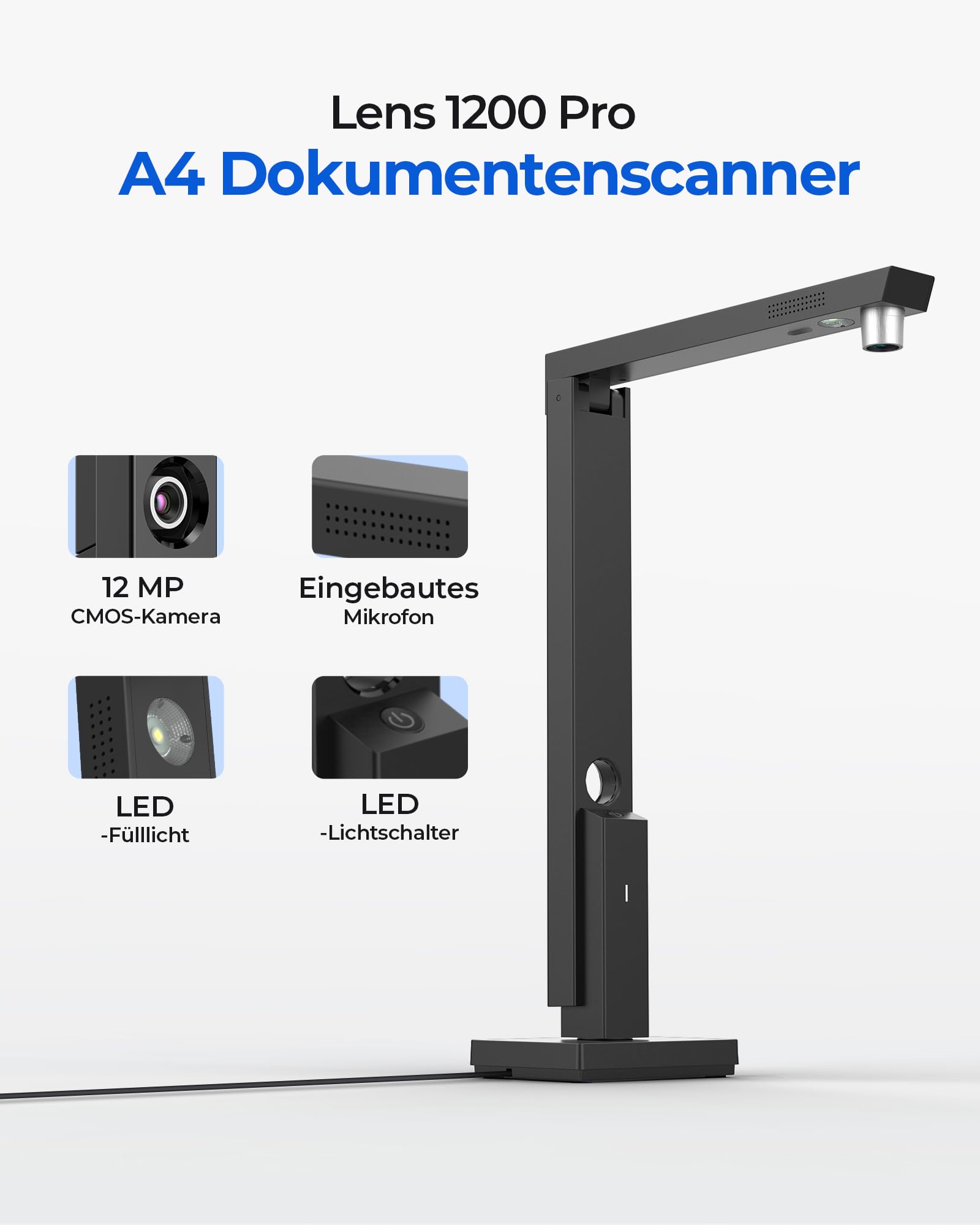 CZUR 12MP USB-Dokumentenkamera und Visualizer, A4 Dokumentenscanner tragbarer Scanner, für Lehr- und Klassenzimmer, Home-Office, kompatibel mit Windows, macOS (Lens 1200) (Mattschwarz) | USB-Scanner für Rechnungen, Verträge & Steuerunterlagen, Visualizer