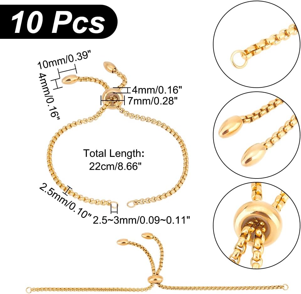 UNICRAFTALE 10pcs 8.66inches Stainless Steel Adjustable Slider Bracelets Golden Bolo Bracelets Slider Bracelet Chain Extender Chains with Ball Ends for Semi Jewelry Making DIY