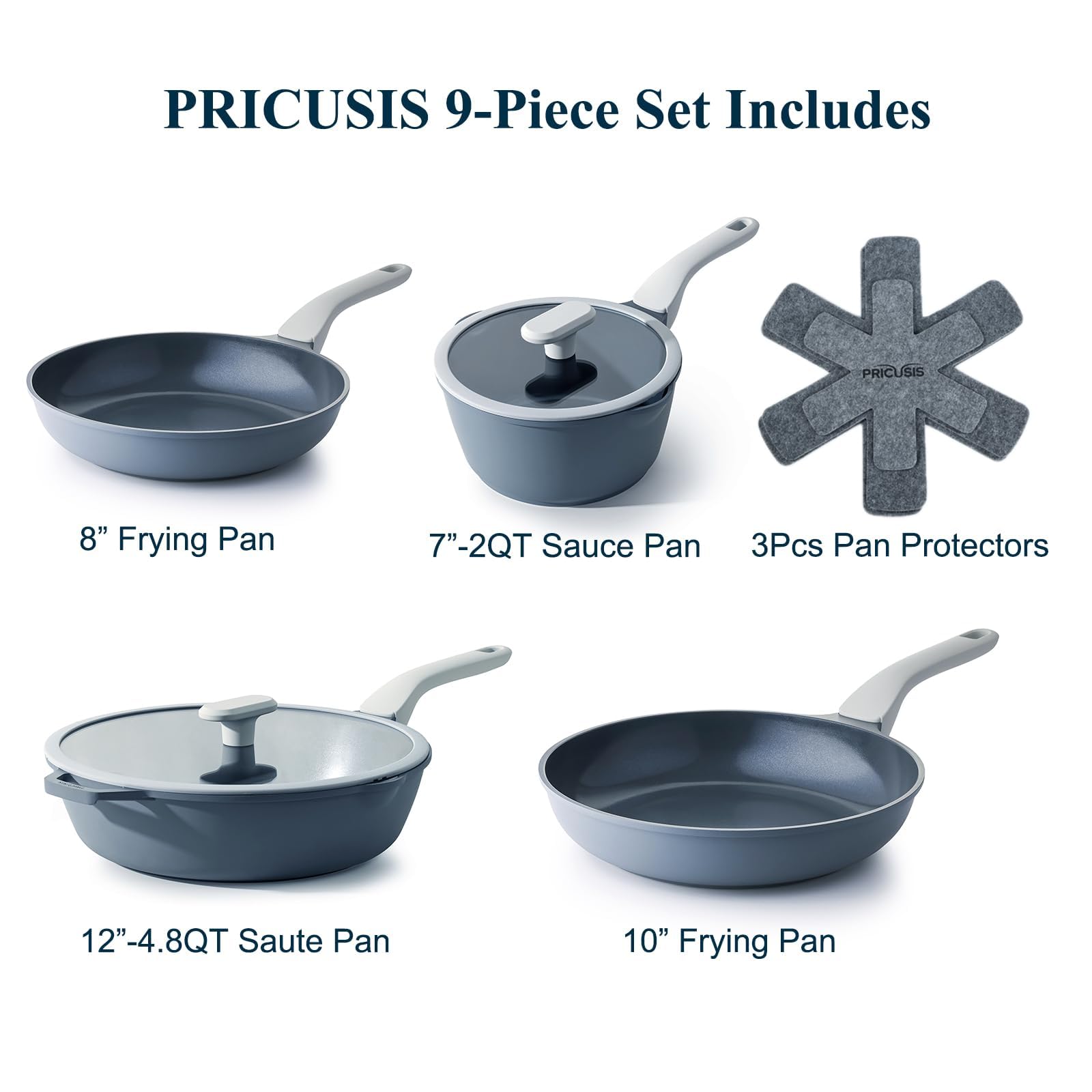 PRICUSIS Keramik-Kochgeschirr-Set, antihaftbeschichtet, 9-teilig, ungiftig, Induktionskochgeschirr-Set, PTFE-, PFOA- und PFAS-frei, spülmaschinenfest, kühlbleibender Griff, Grau