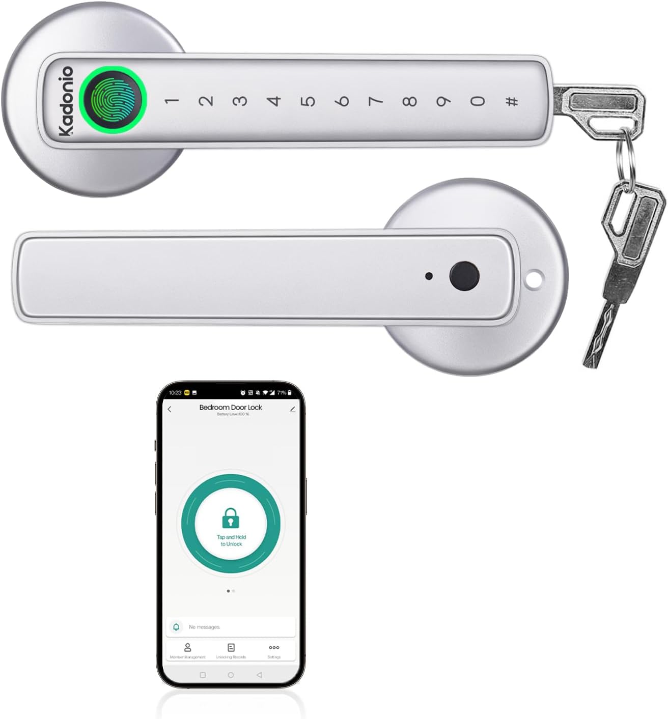 Fingerprint Door Lock,Biometric Smart Door Knob,Keyless Entry Smart Door Lock with Handle,Door Knob with APP Control,Code,Fingerprint, Backup Keys for Bedroom,Home,Hotel,Office,Apartment,Silver