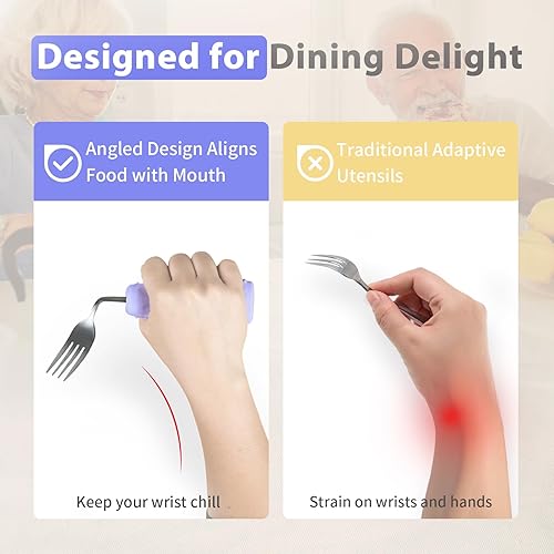 Miniatura 4 de Utensilios adaptables Cuchara y tenedor en ángulo para temblores de manos, Parkinson, utensilios pesados con asas antideslizantes de fácil agarre
