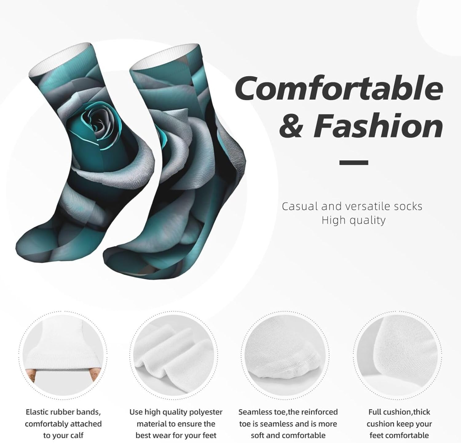 Teal Gray Rose Print Boot Socks For Women Moisture-Wicking Men Walking Crew Socks For Hiking Boots Outdoor