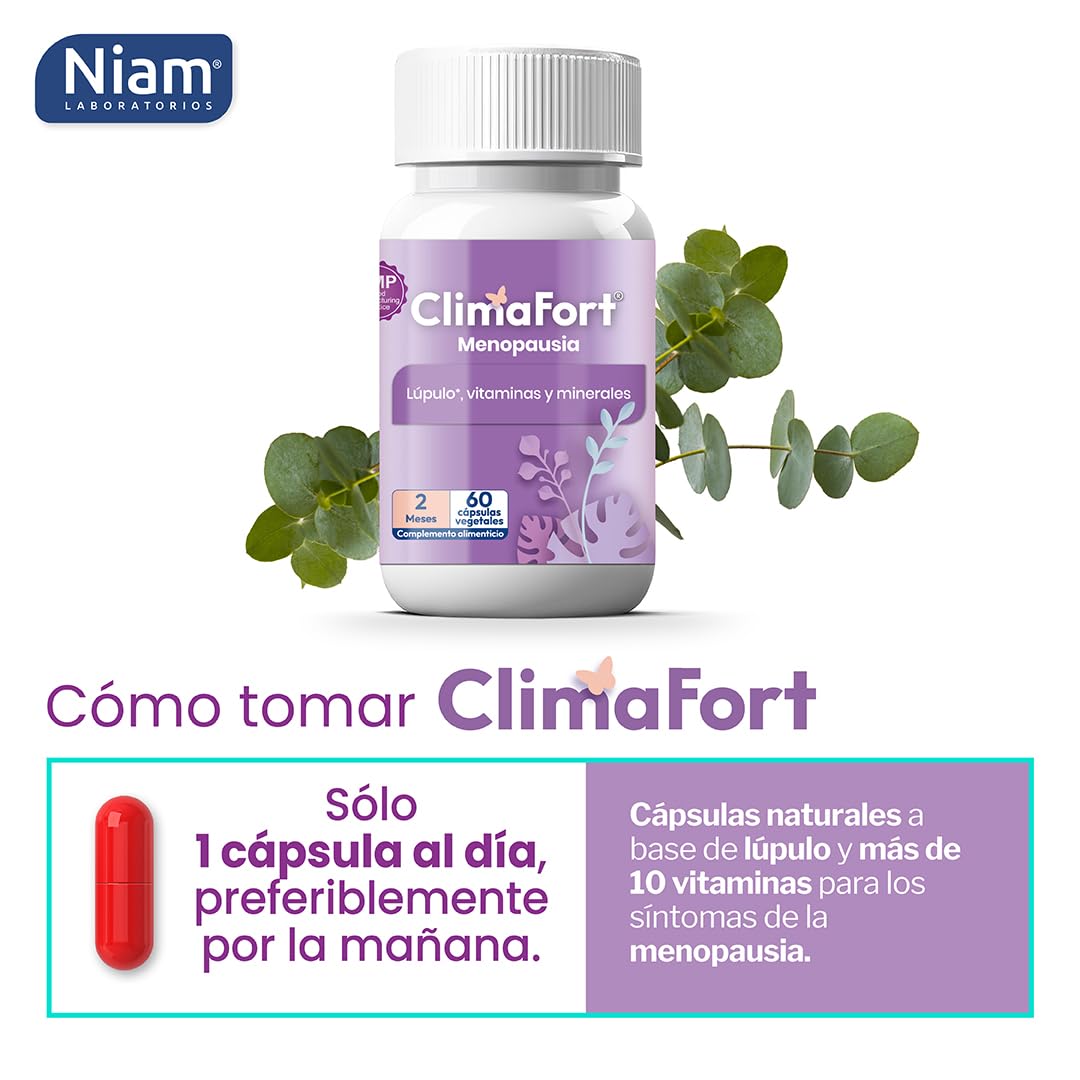 [60 cáps] ClimaFort Menopausia | Para 2 meses | Alivia Sofocos, Sudoración y otros Síntomas de la Premenopausia | Pastillas con Lúpulo, Vitaminas y Minerales | 1 al día | Pastillas Menopausia con Vitaminas y Minerales | Alivia Sofocos y Sudoración | Sin h