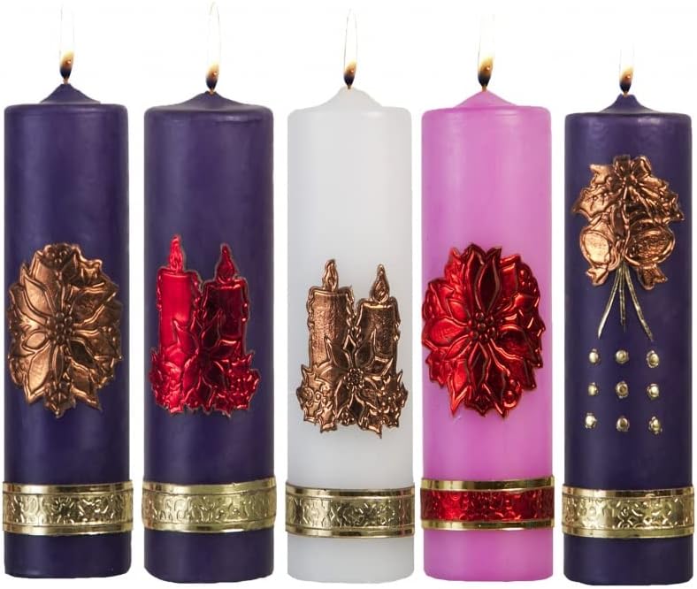 RELIGIOUS & CATHOLIC 5PC SET OF DECORATIVE ADVENT CANDLES