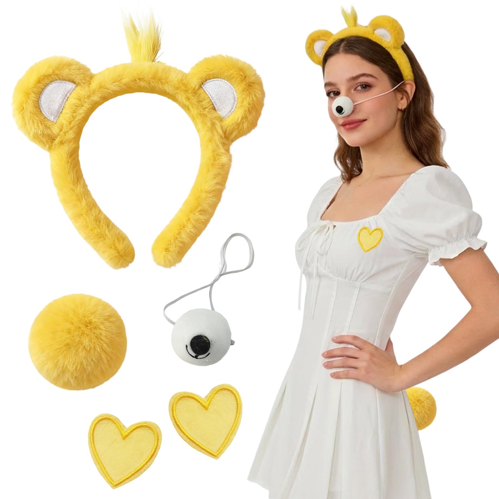 YAEGIMHT 5PCS Bear Costume Accessories Set, Bear Headband, Bear Nose, Fluffy Tail & 2 Heart Brooches