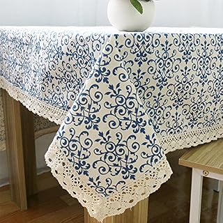 Superwinger Classic Linen Cotton Blue Flower Printed Tablecloth Dustproof Rectangular Table Cloth Wedding Party Hotel Table Cover,Assorted Size