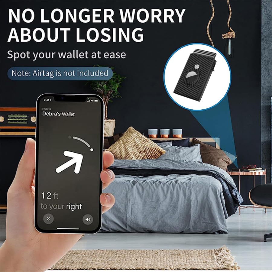 Image of Mens Pop Up Wallet for AirTag: Premium Genuine Leather, RFID Blocking, Smart, Minimalist, 9-14 Card Capacity, ID Window, Cash Slot (Carbon Black)