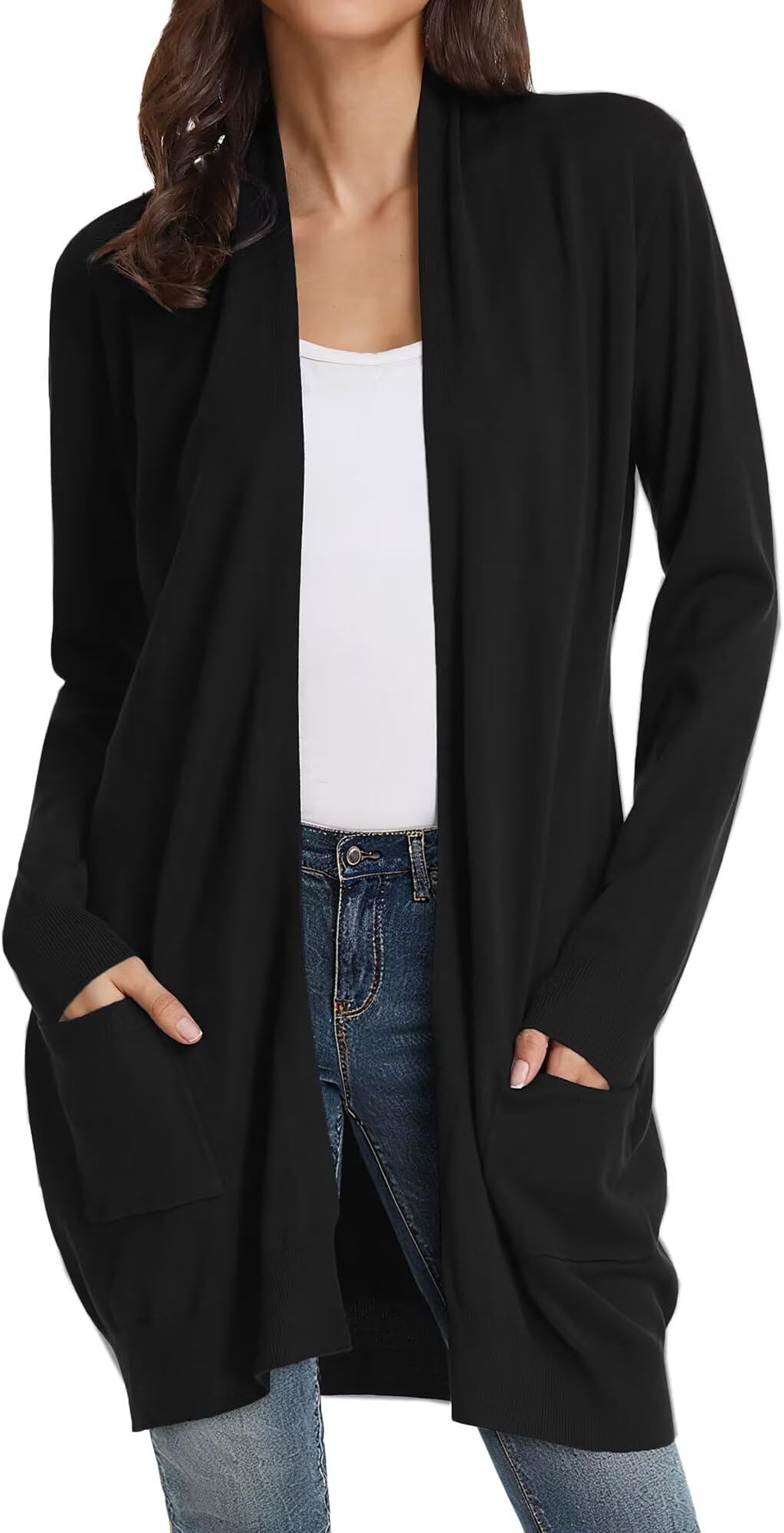 Women's Long Cardigan Sweater Open Front Classic Knitted Lightweight Sweater Coat with Pockets