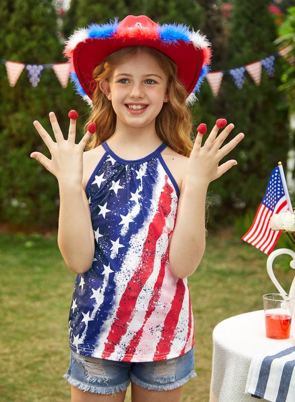 Image of BesserBay Girls Summer Back Button Halter Neck Tank Top Cold Shoulder Casual Blouse Pleated Sleeveless Shirts 5-14 Years