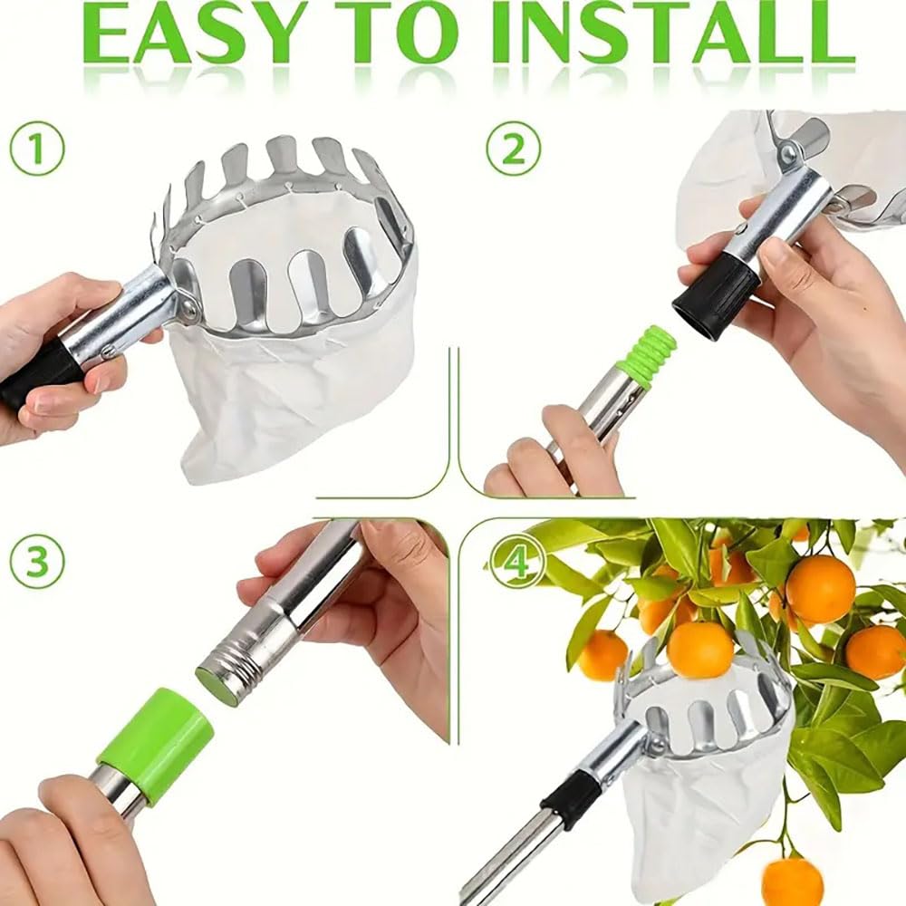 NEWFUN Raccogli Frutta Telescopico,Raccogli Frutta,Raccoglitore di Mele,4.2 m Bastone Raccogli Frutta,Acciaio Inox,Facile da Montare,Strumento di Raccolta della Frutta a Risparmio di Lavoro per Mele