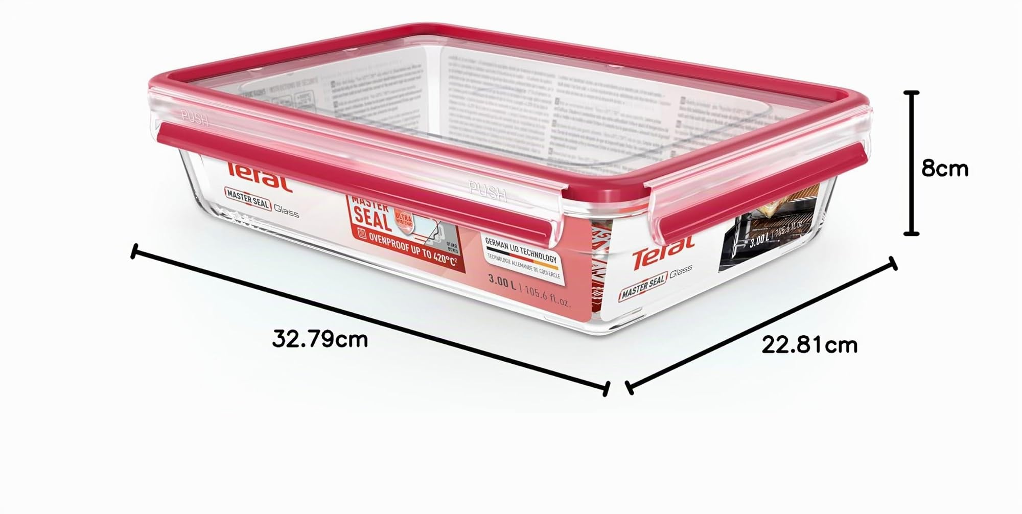 Tefal Masterseal Fresh Boîte alimentaire rectangulaire 3 L en verre, Transparent, Conservation des aliments, Empilable, hermétique, Compatible four et congélateur N1041210
