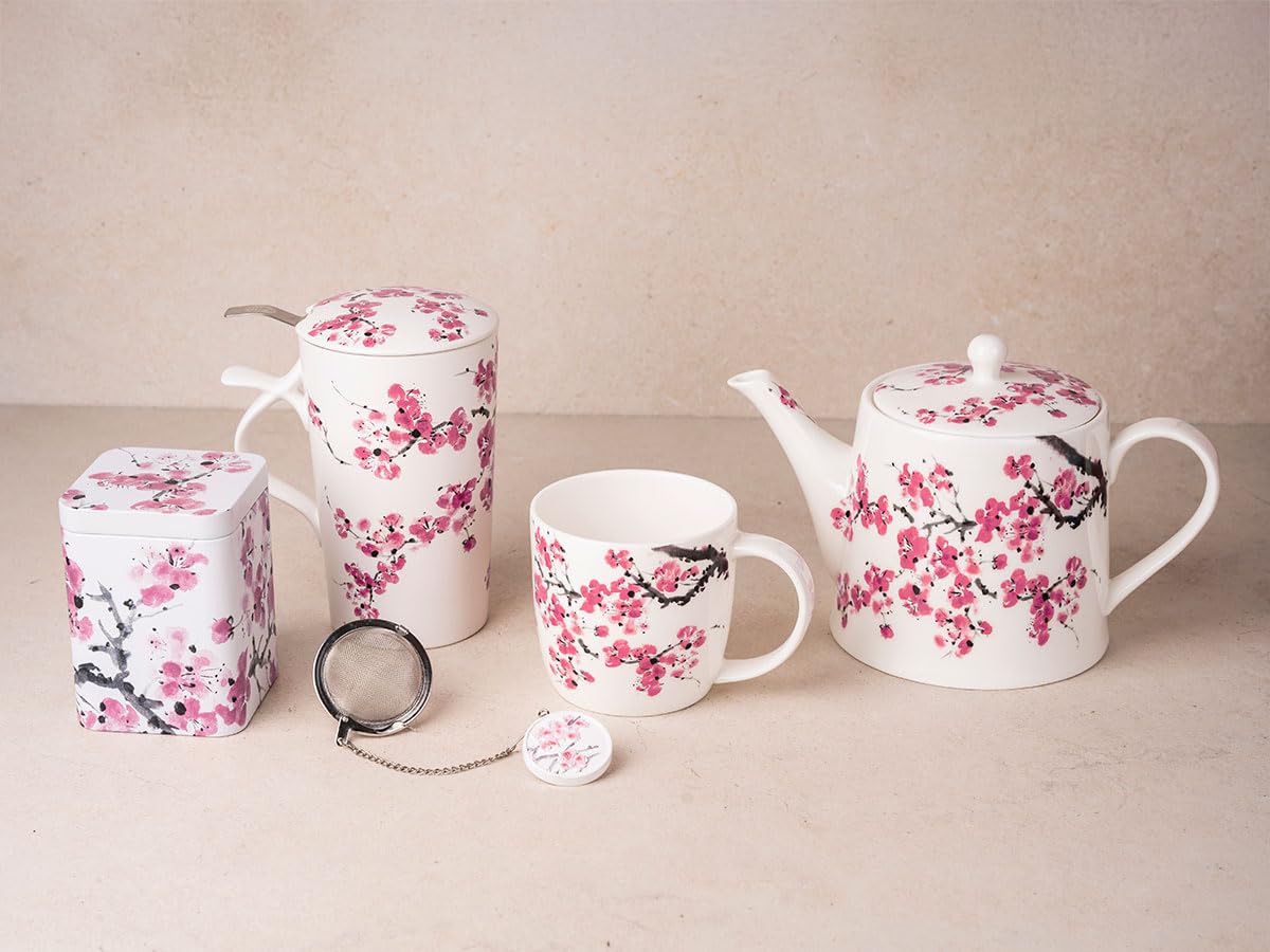 Teemando Sakura Teekanne aus Steinzeug, 0,75 Liter Fassungsvermögen, 12 x 12 x 10 cm, Spülmaschinenfest, Kirschblüten-Design + 2 X Becher "Sakura" von Cha Cult