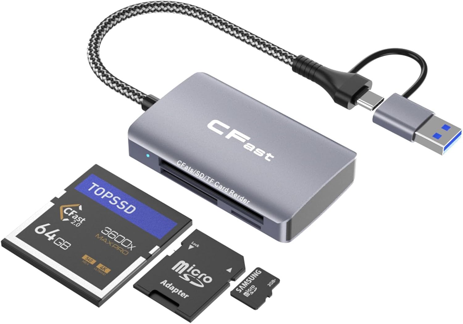 CFast Card Reader, 3 in 2 SD/TF CFast 2.0 Memory Card Reader, USB 3.2 Cable Compatible with Windows/Mac/Linux/Android (3 in 2)