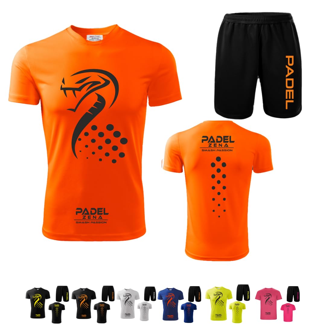ZENA Padel Uniform Man Clothing Complete Kit Technical Shorts with Pockets Paddle Suit Jersey Cool Dry paddel Made Italy, Orange/Black, L