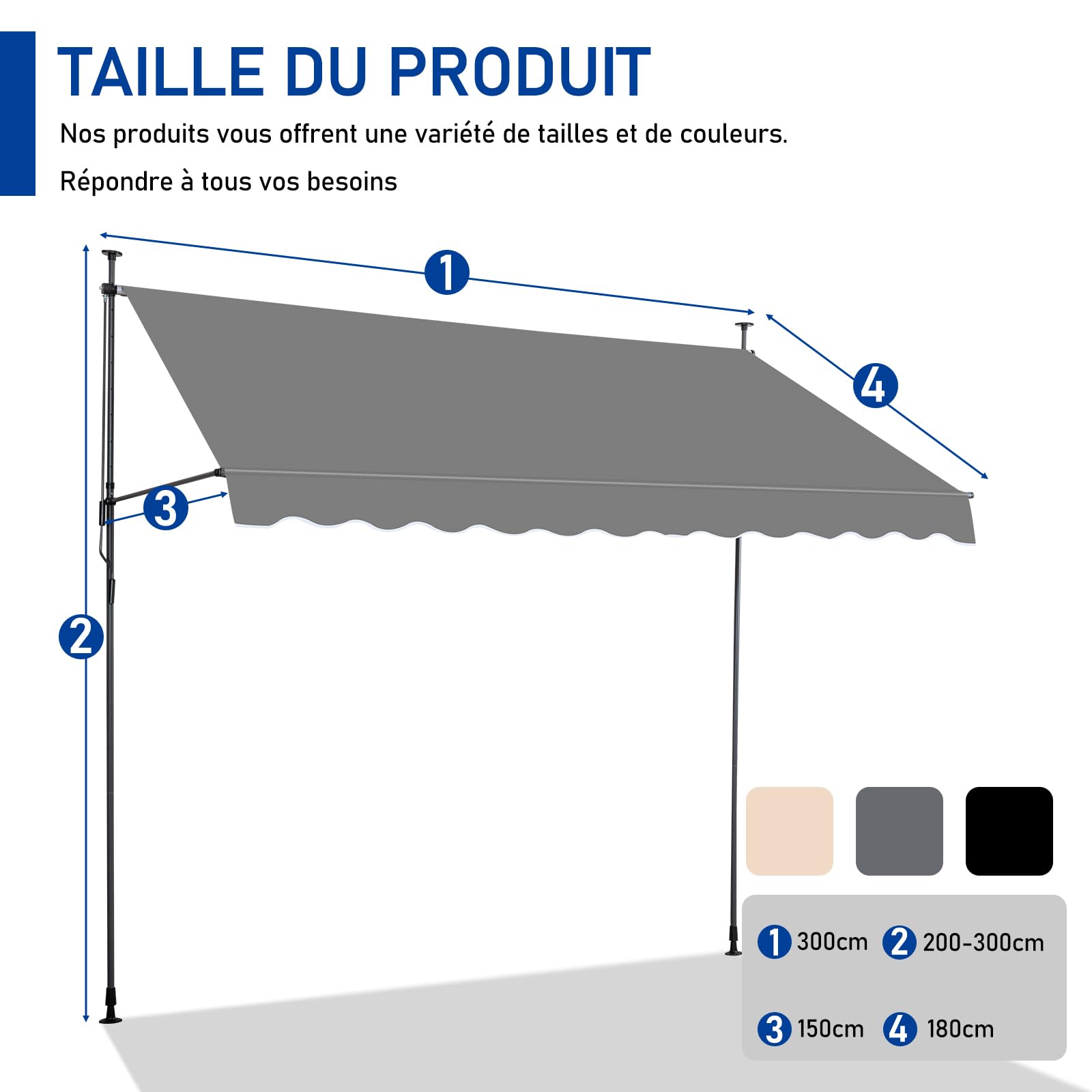 LEADZM Store Banne Manuel Rétractable,300 x 150 cm Auvent,Banne sans Perçage,Imperméable Résistant aux UV 50+ avec Manivelle Ergonomique,Hauteur Réglable,pour Terrasse,Jardin,Magasin,Gris